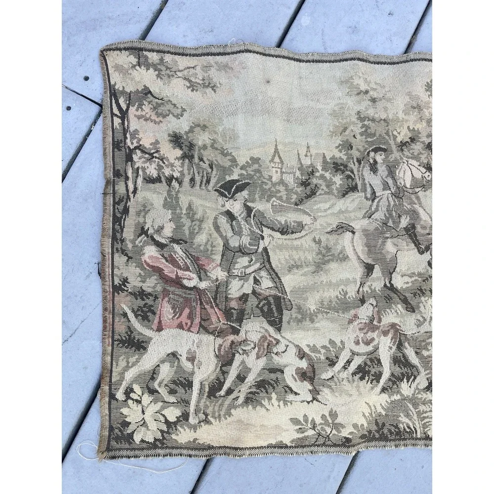 ANTIQUE WALL HANGING FRENCH AUBUSSON JACQUARD STYLE TAPESTRY HUNTING SCENE 53.5
